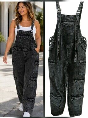 Black CARGO Overalls Washed Jean Utility Pockets Jumpsuit Pants Womens Size L